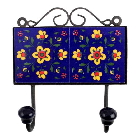 Navy Blue Yellow Floral Tiles Hooks
